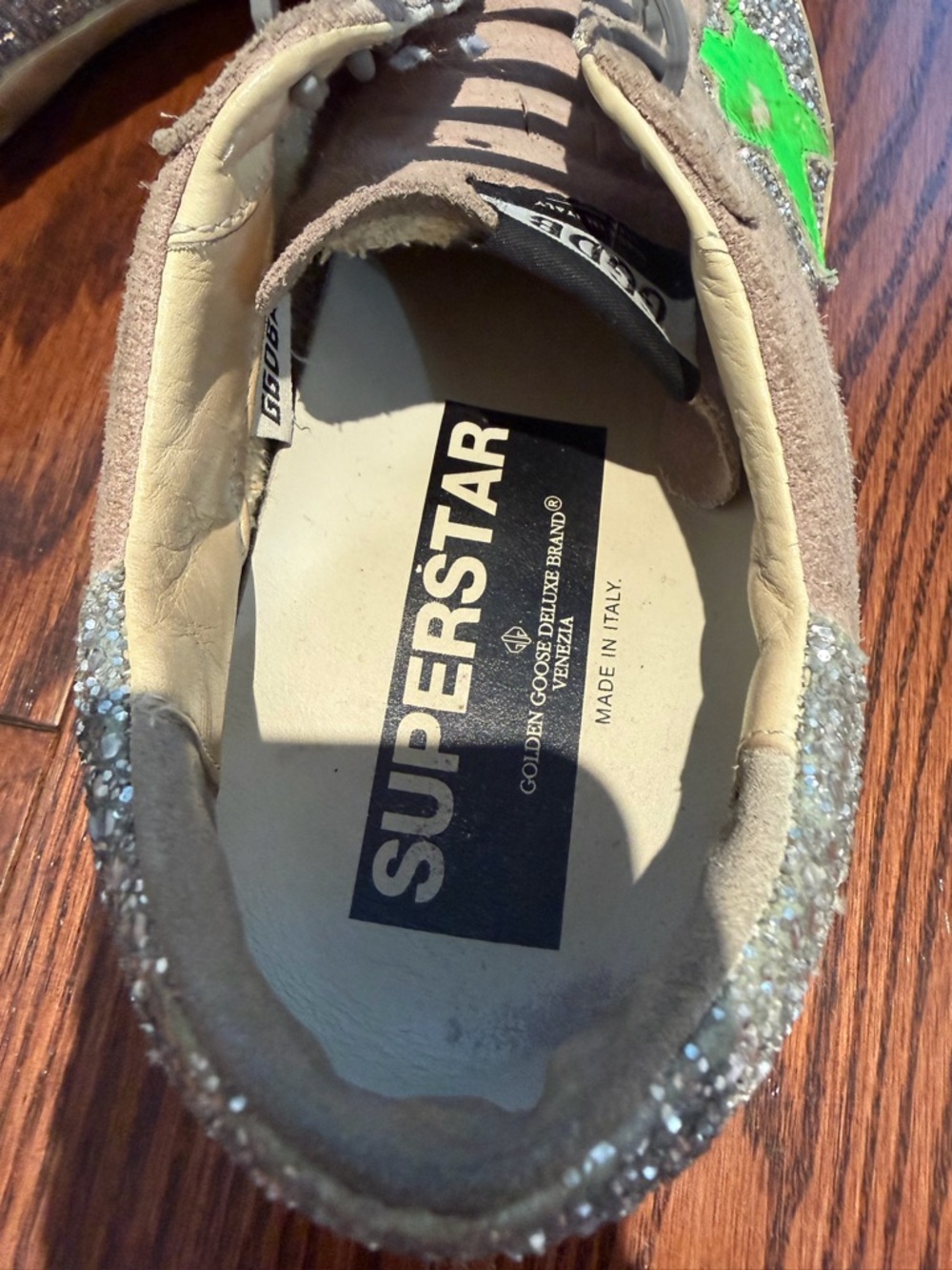 Golden Goose Silver Glitter Sneakers with Neon Green Star - Picture 5 of 11